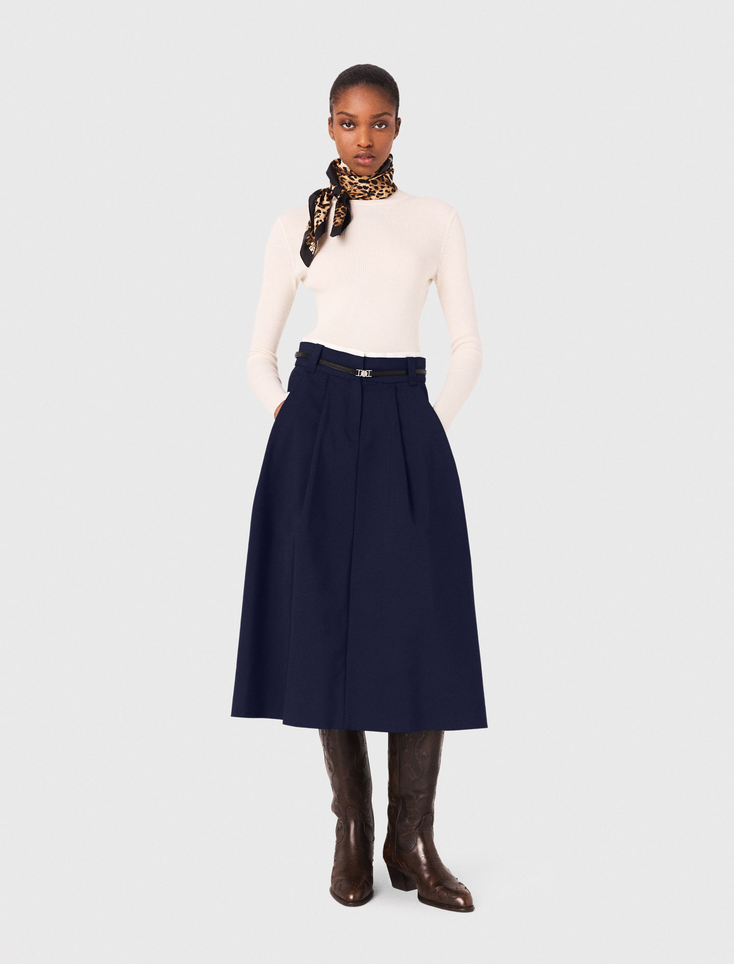 Maje Woman's cotton Long cotton skirt with belt for Fall/Winter, in color Navy / Blue