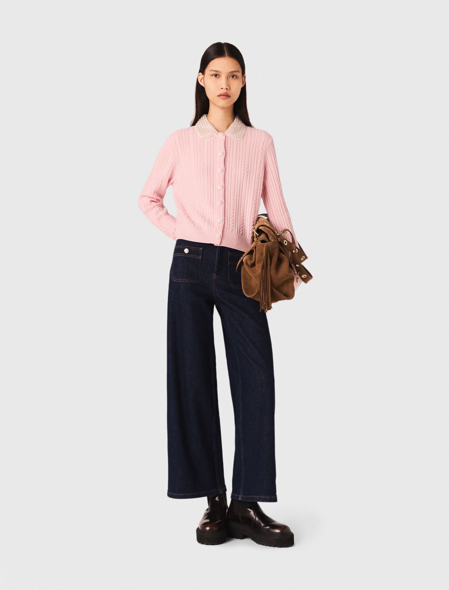 Maje Woman's wool Cardigan with removable collar for Fall/Winter, in color Pink / Red