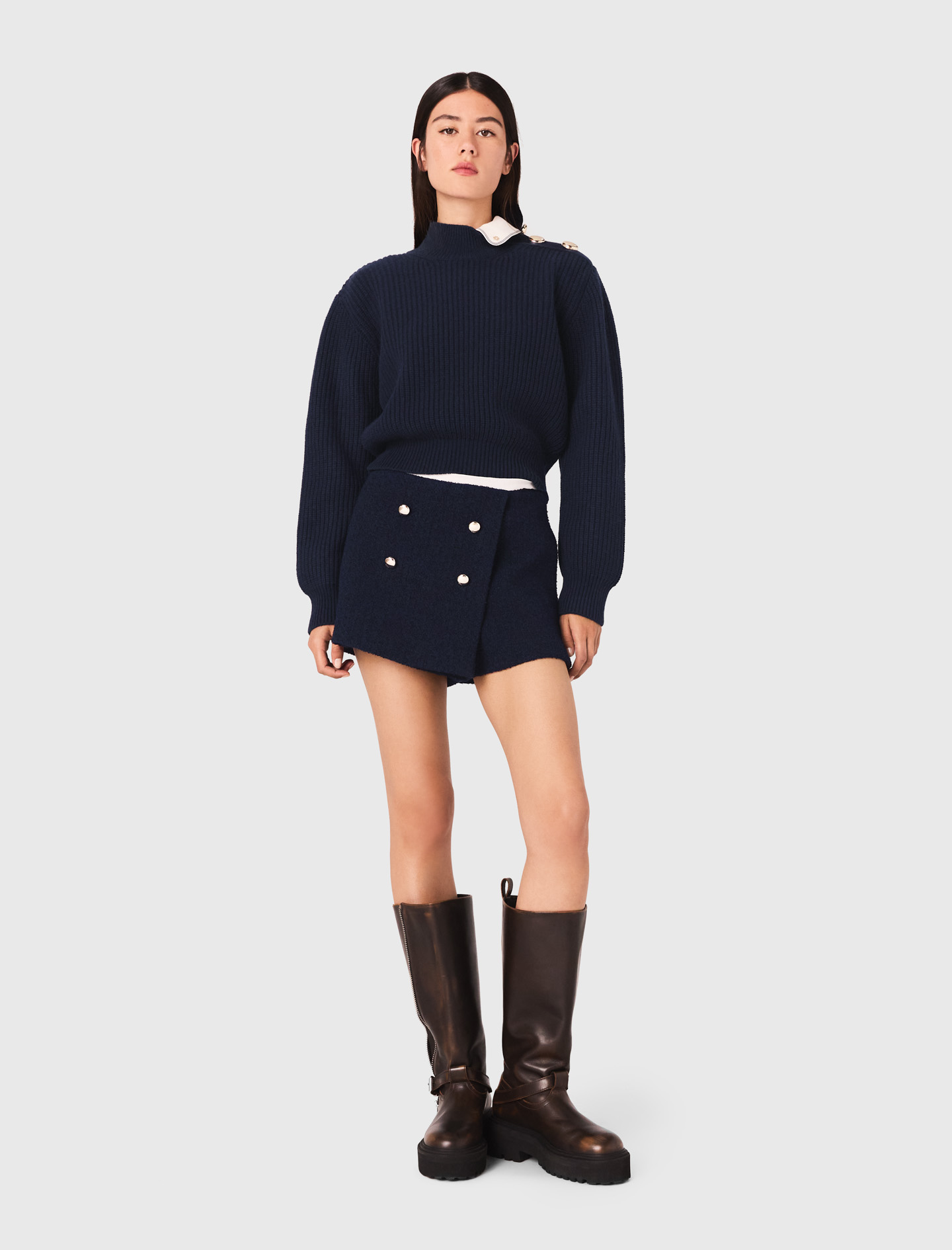 Maje Woman's polyester Tweed shorts with contrast waistband for Fall/Winter, in color Navy / Blue