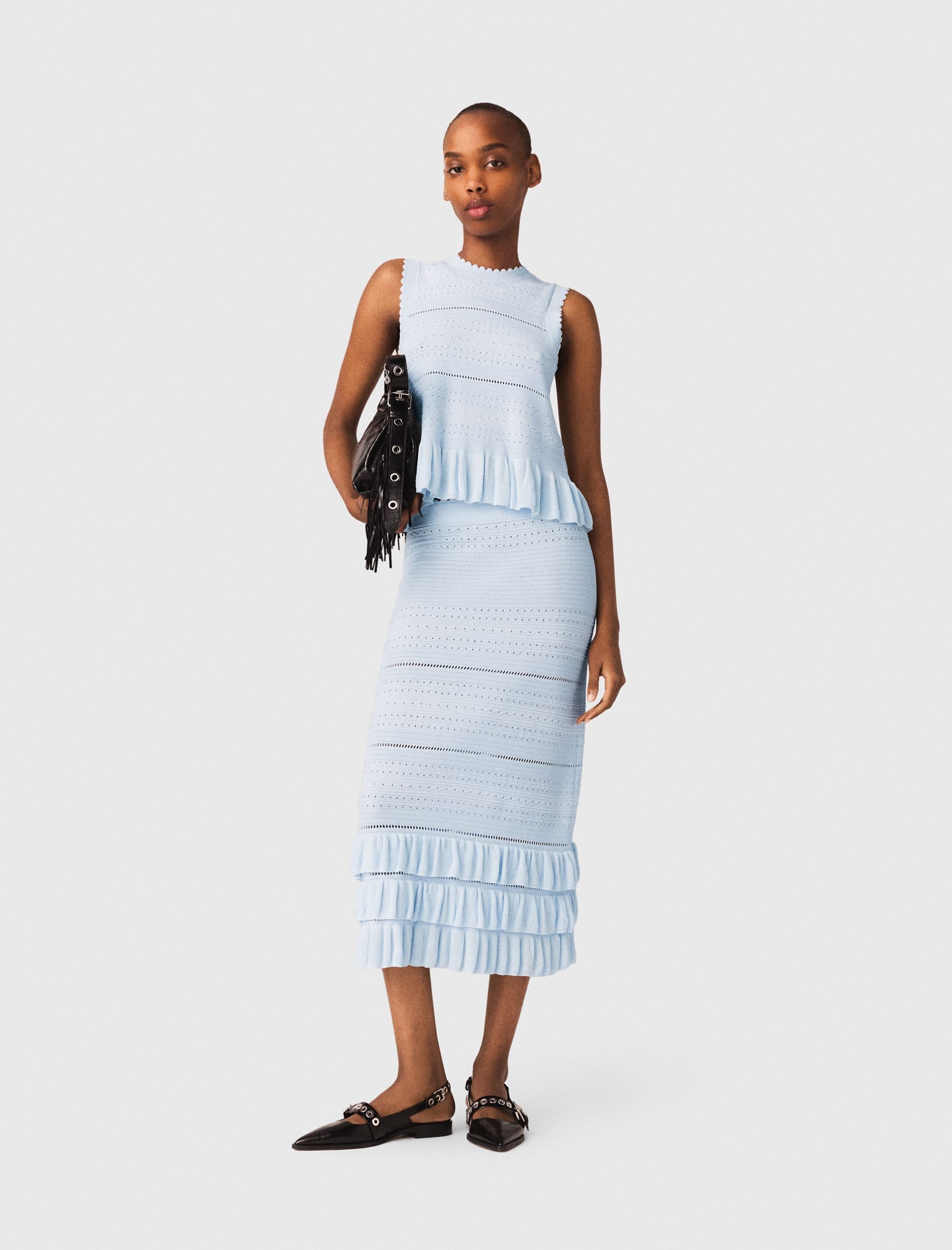 Maje Long ruffled knit skirt