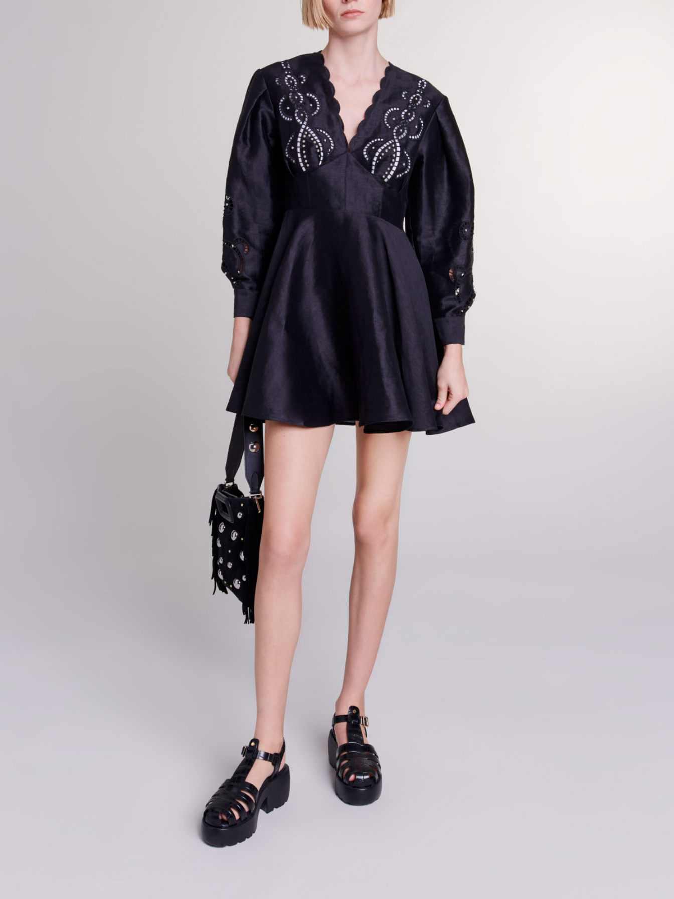 majeページ Short embroidered linen dress Black / Gray For Women | Maje