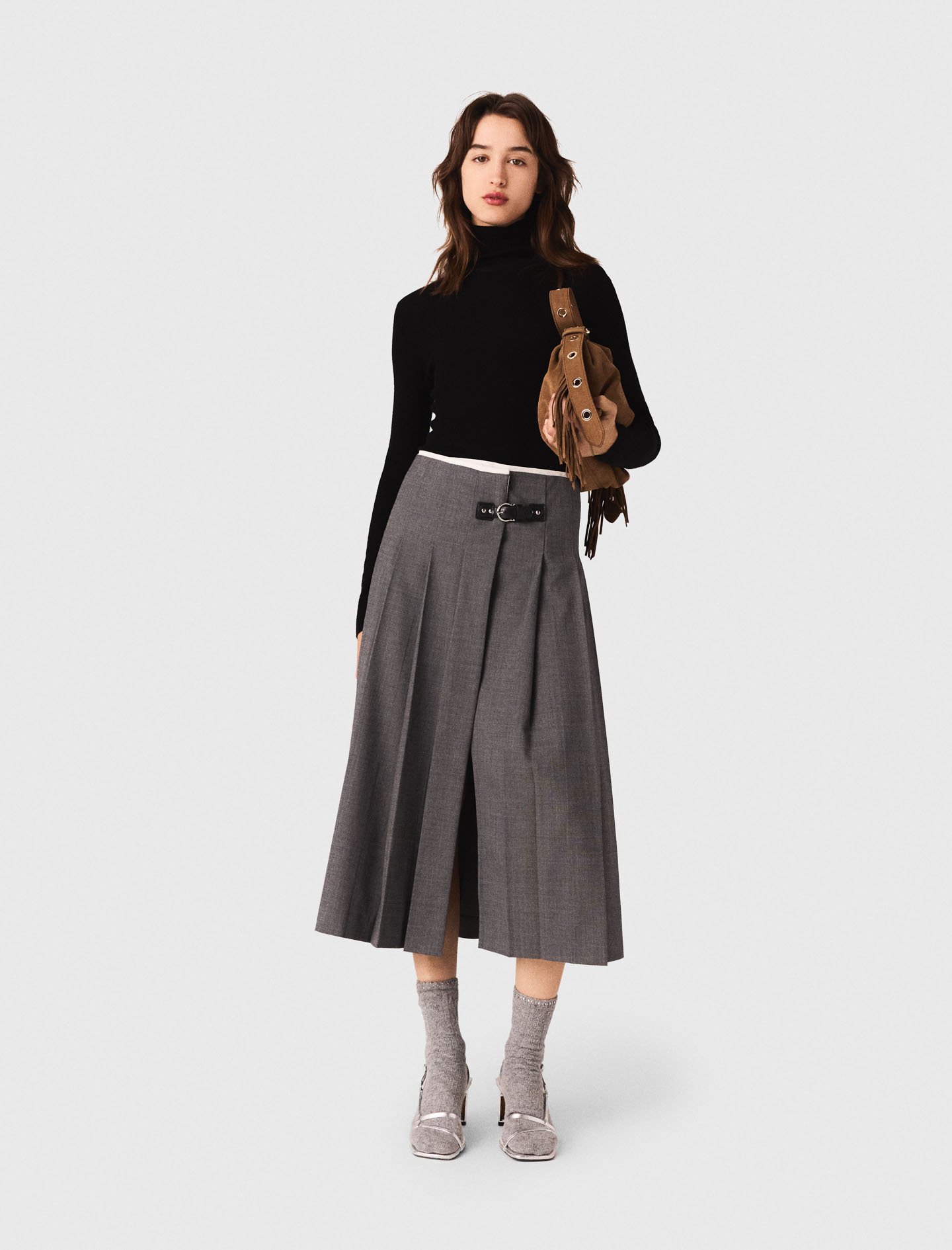 Maje Woman's polyester Long pleated skirt for Fall/Winter, in color Grey / Grey