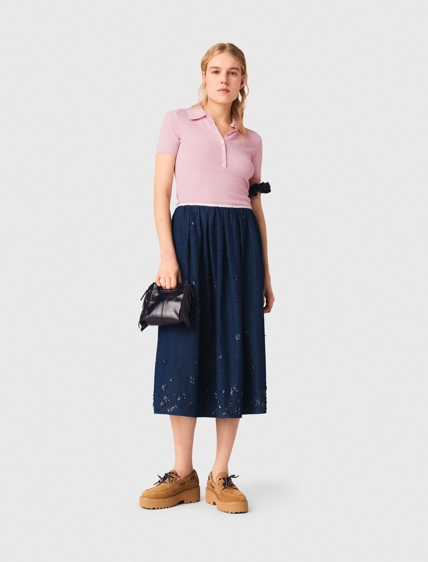 Maje Woman's cotton Embroidered denim midi skirt for Spring/Summer, in color Navy / Blue