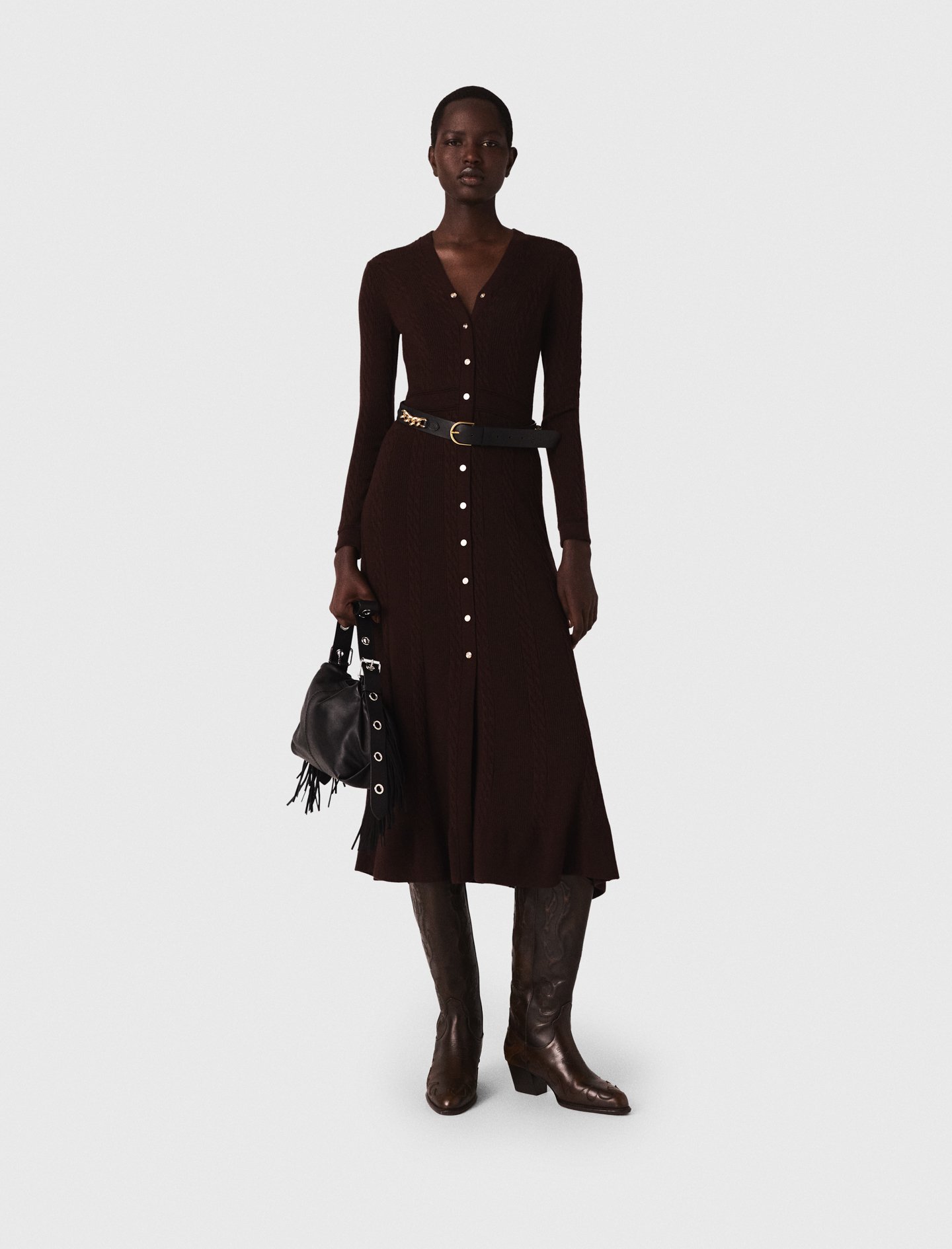 Maje Woman's polyamide Knit midi dress with buttons for Fall/Winter, in color brown /