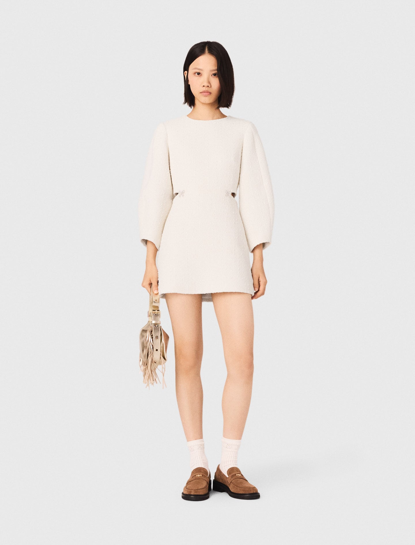 Maje Woman's cotton Short balloon-sleeve tweed dress for Spring/Summer, in color Ecru / Beige