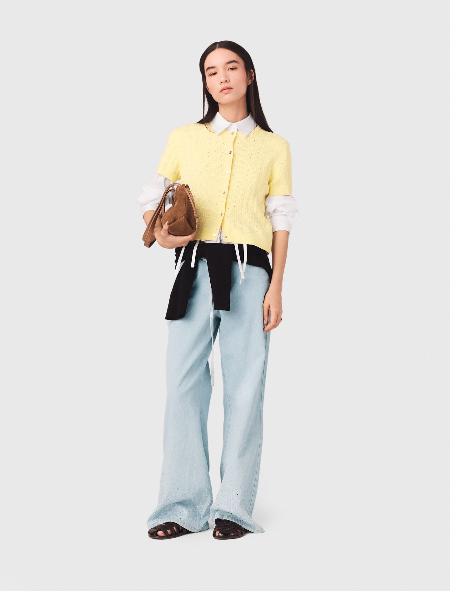 Maje Woman's cotton Cardigan with rhinestone neck for Spring/Summer, in color Yellow / Yellow