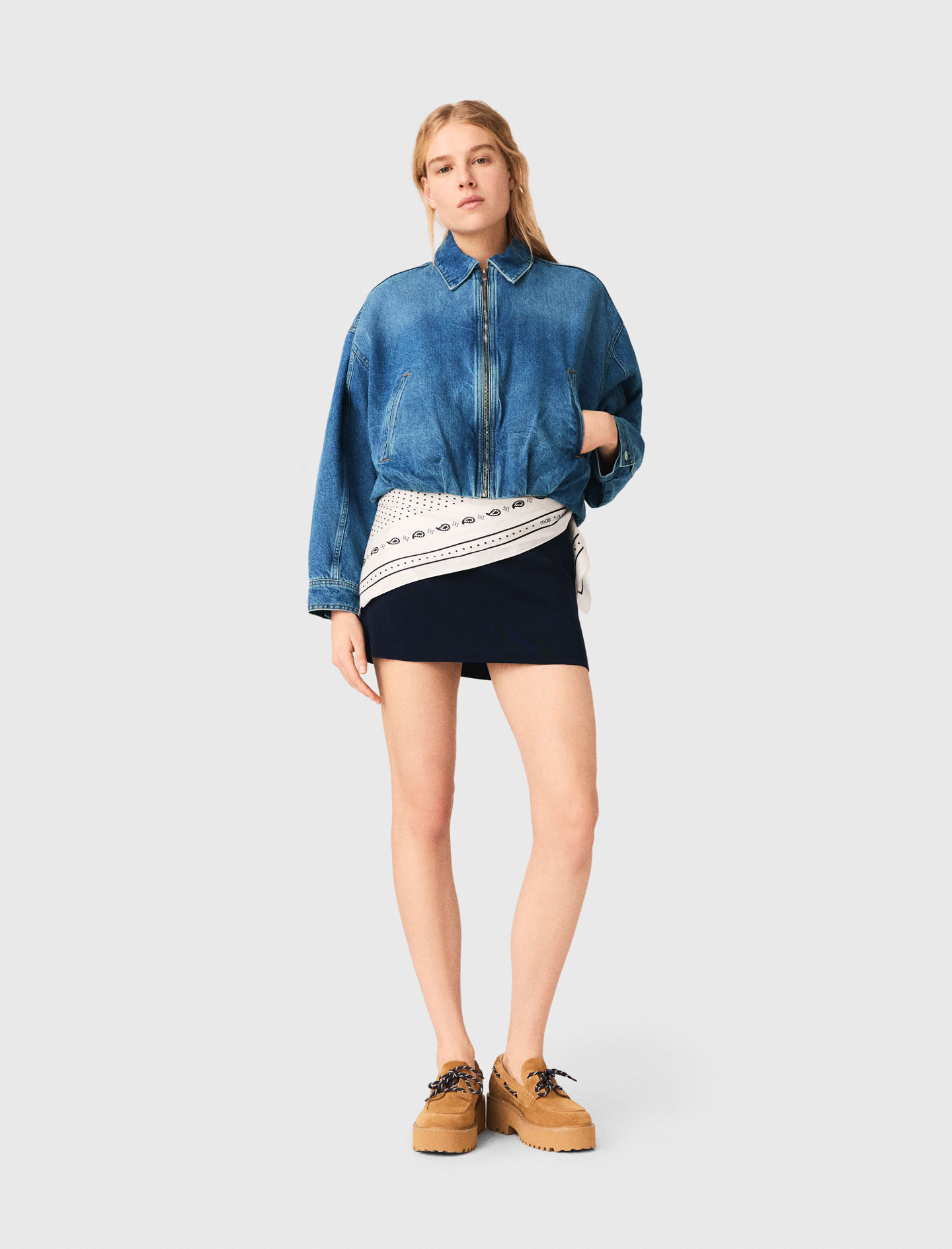 Maje Woman's cotton Denim bomber jacket for Spring/Summer, in color Blue / Blue