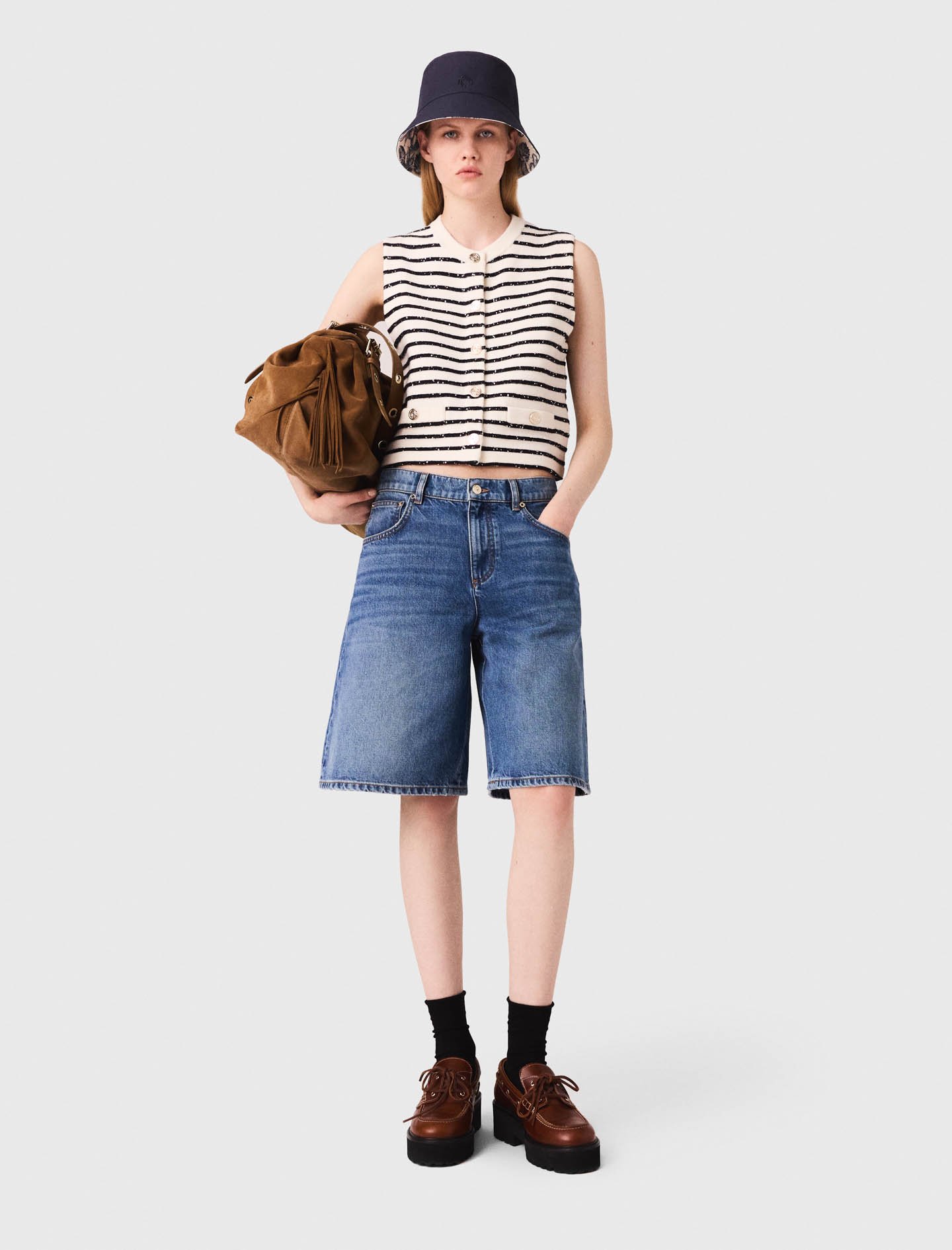 Maje Woman's acrylic Striped wool blend top for Fall/Winter, in color White/Navy /