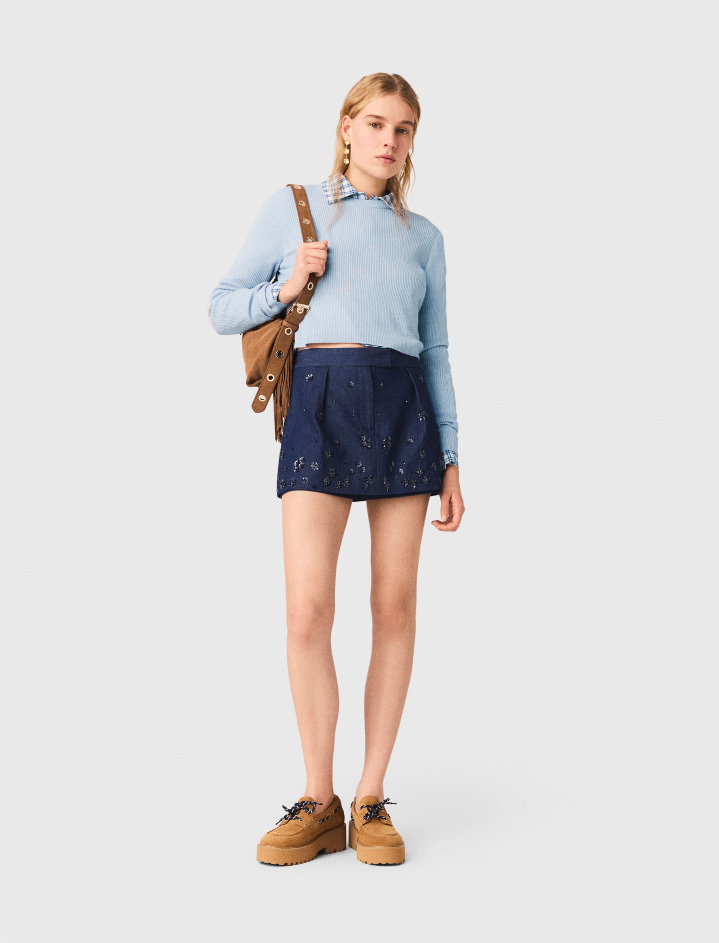 Maje Woman's wool Sweater with jeweled bows on back for Spring/Summer, in color Blue Sky / Blue