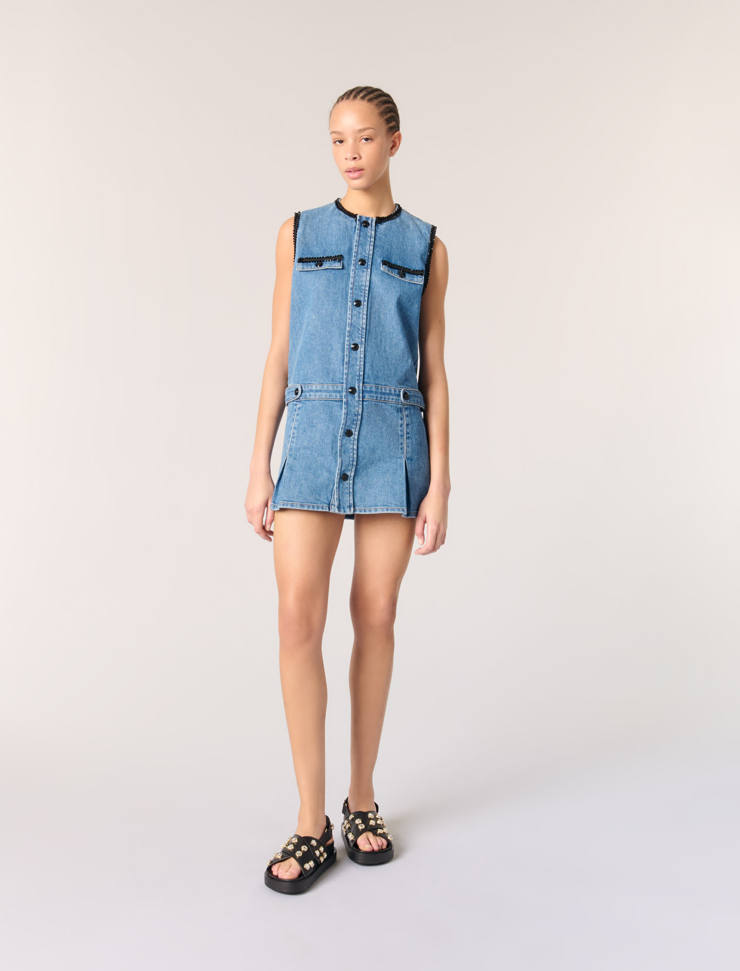 Maje Woman's cotton Denim dress with embroidered trim for Spring/Summer, in color Blue / Blue