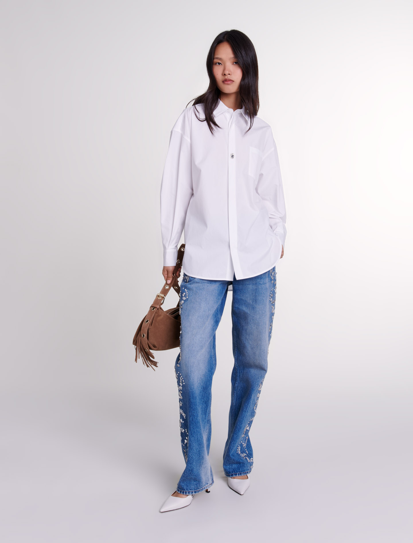 Maje Woman's cotton Oversized poplin shirt for Fall/Winter, in color White / White