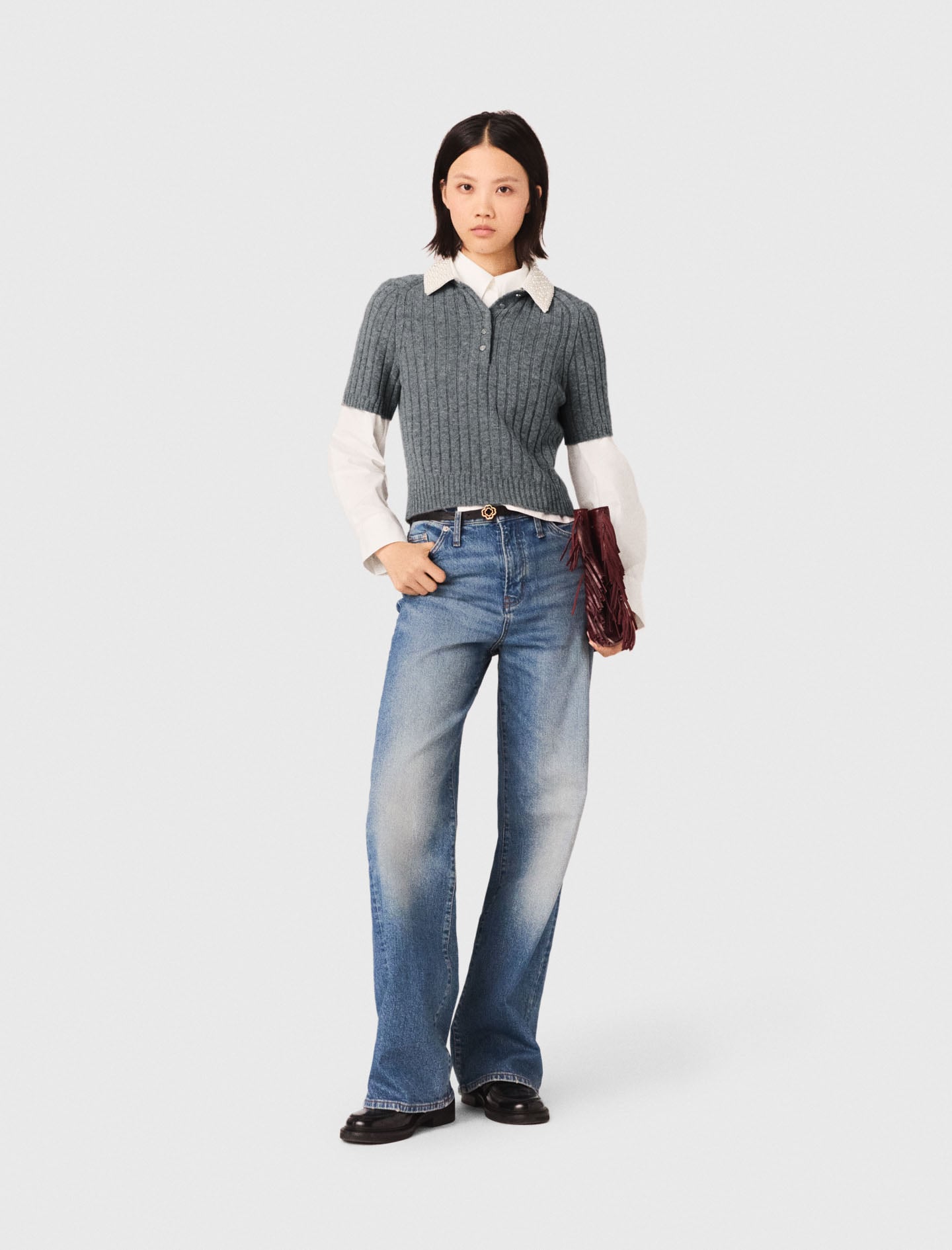 Maje Woman's wool Removable beaded collar sweater for Spring/Summer, in color Grey / Grey