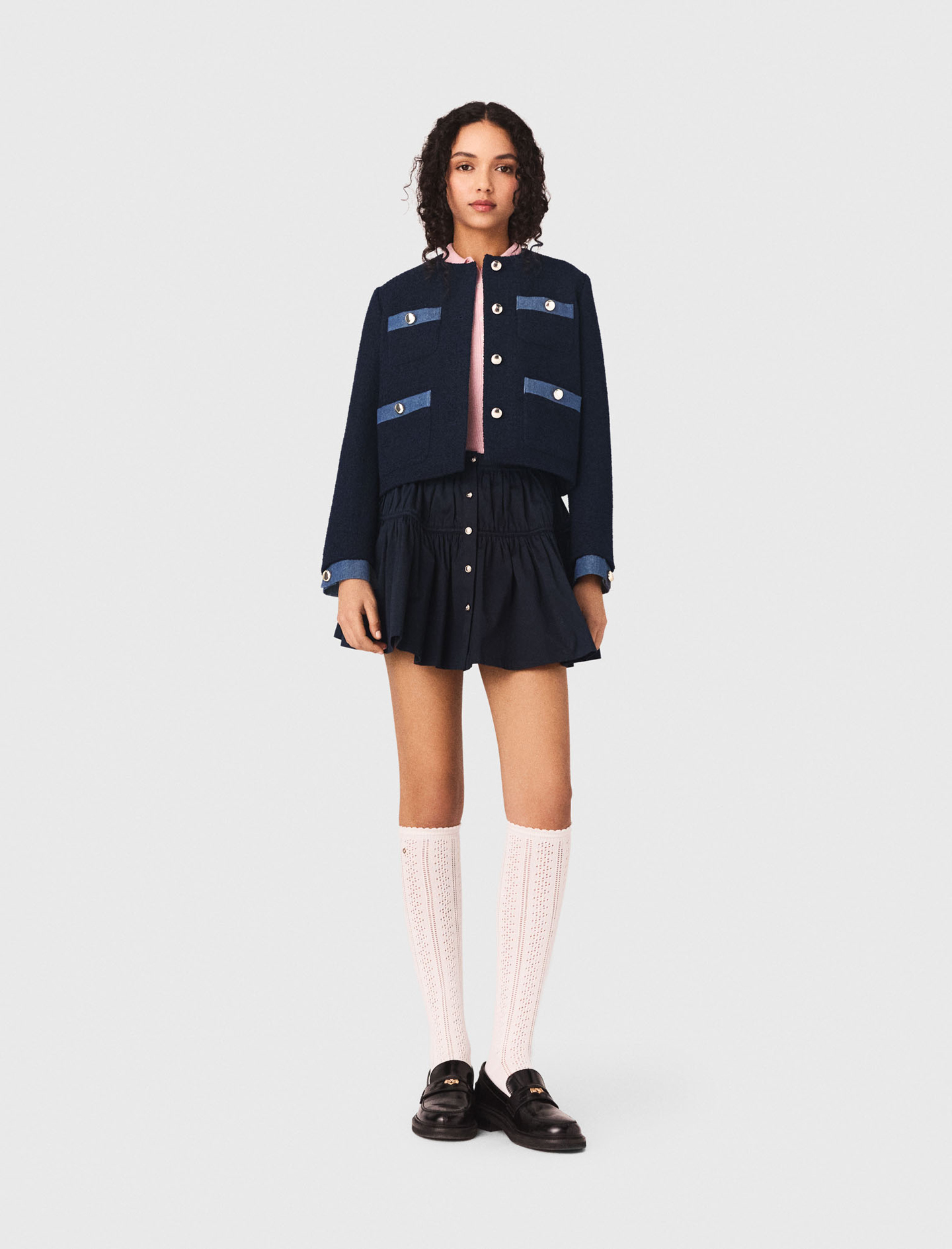 Maje Woman's polyester Tweed jacket with denim trim for Spring/Summer, in color Navy / Blue
