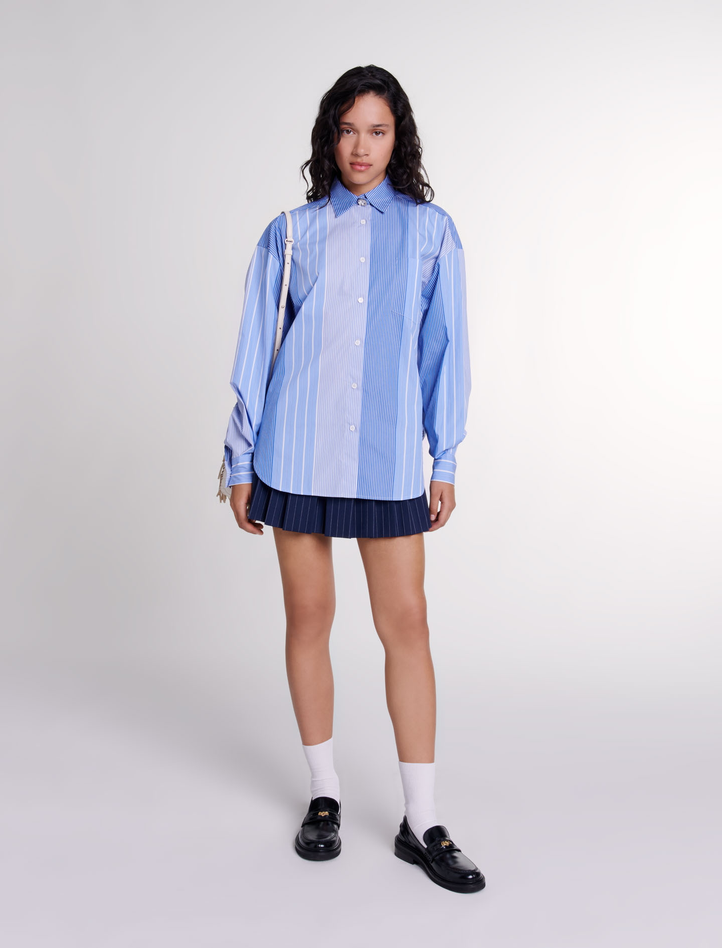 Maje Woman's cotton Striped patchwork shirt for Fall/Winter, in color Blue white stripes /