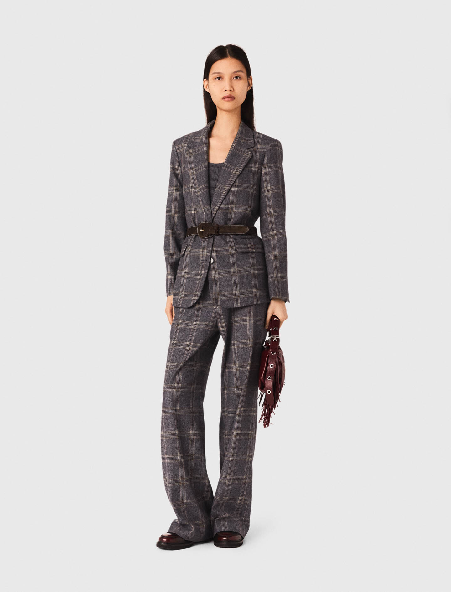 Maje Woman's polyester Checkered belted suit jacket for Fall/Winter, in color Grey / Grey