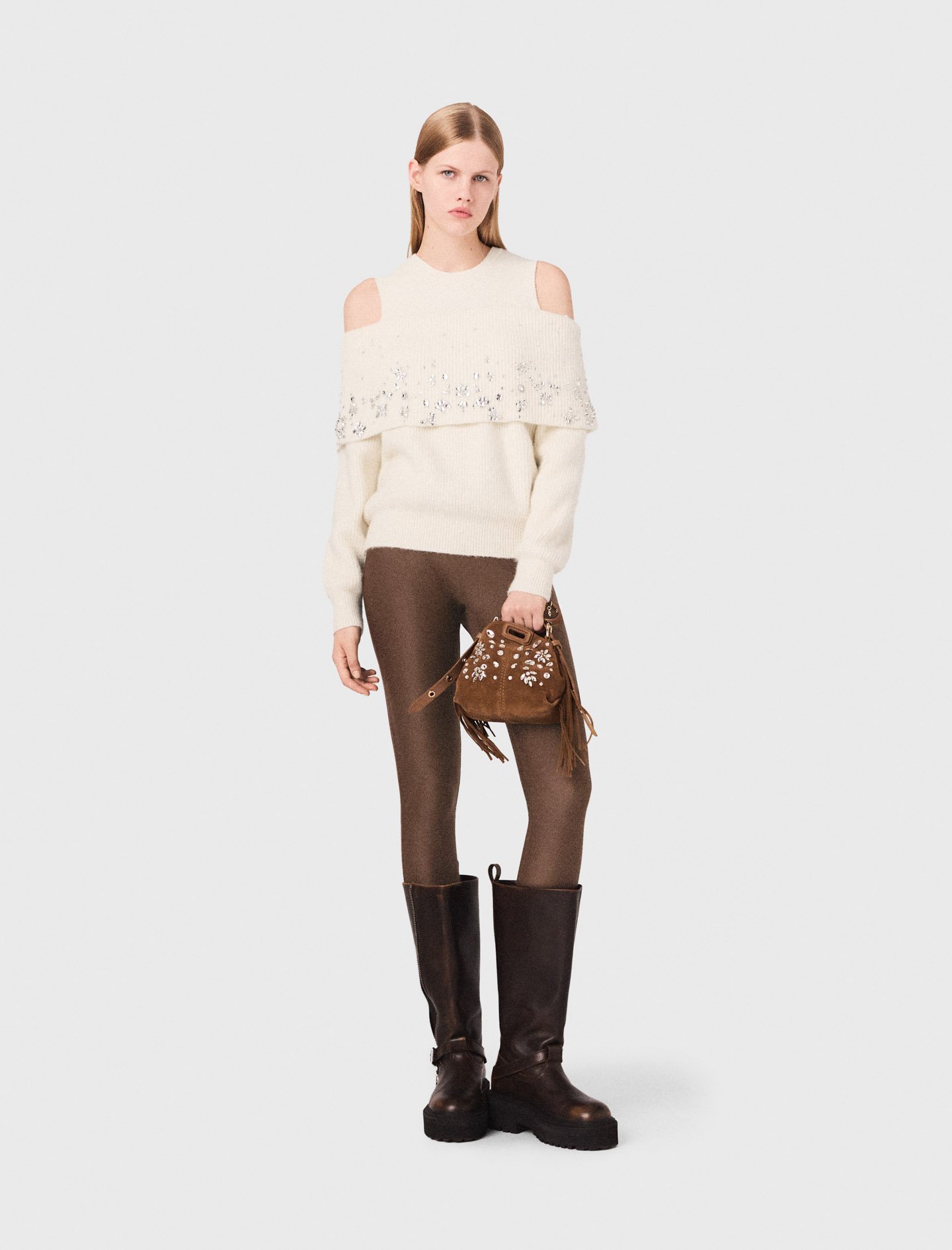 Maje Woman's wool Off-the-shoulder sweater for Fall/Winter, in color Ecru / Beige