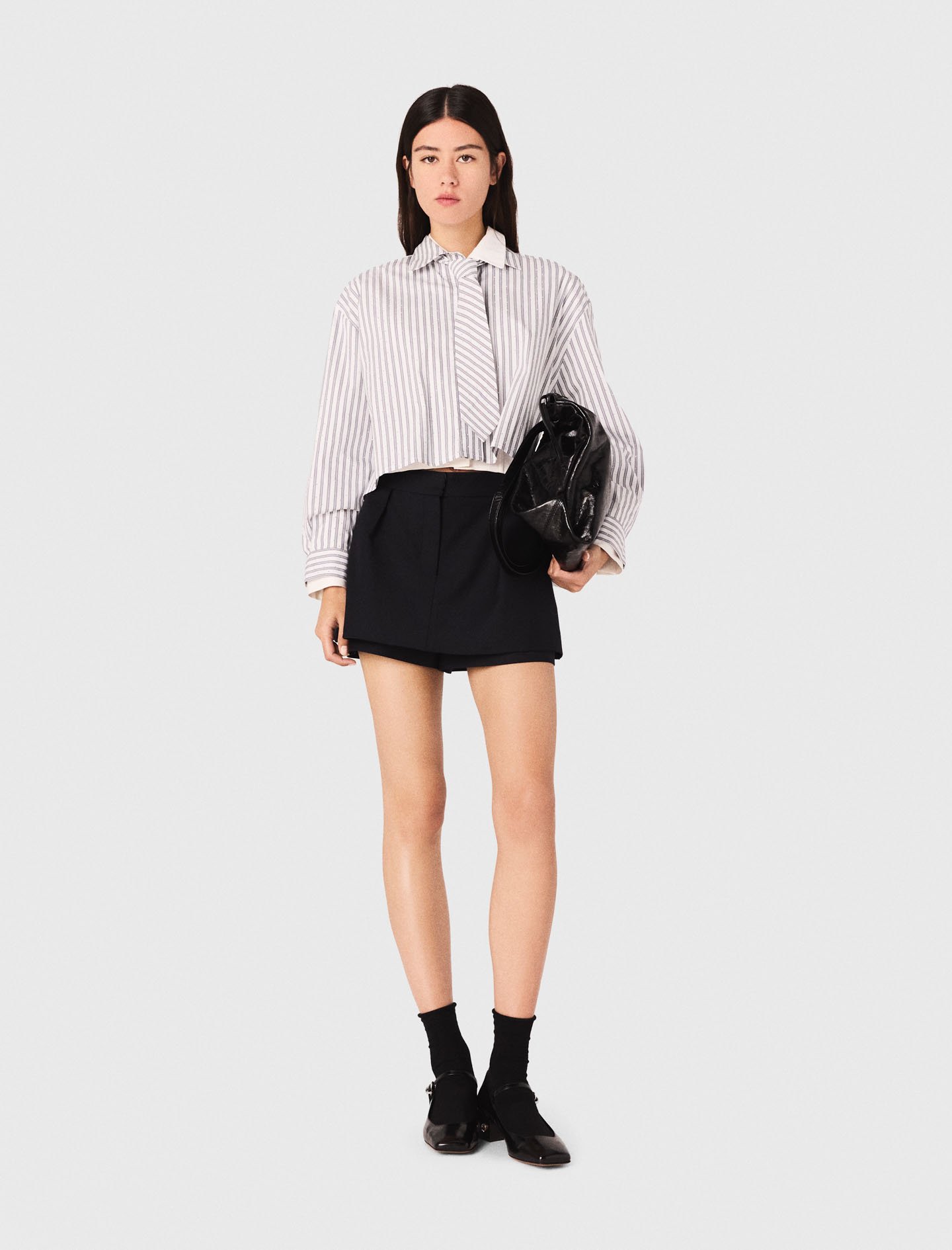 Maje Woman's cotton Rhinestone shirt with removable tie for Fall/Winter, in color Ecru Stripes /