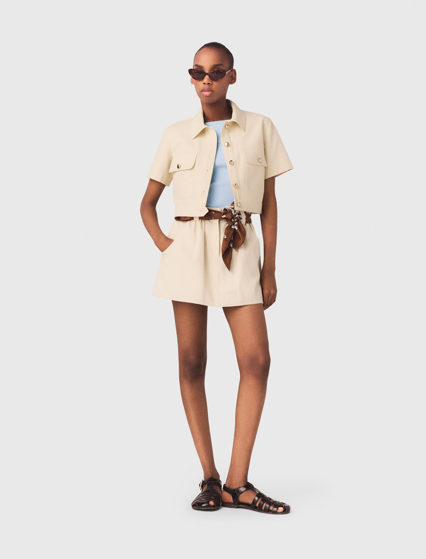 Maje Woman's cotton Short-sleeved cropped jacket for Spring/Summer, in color Ecru / Beige
