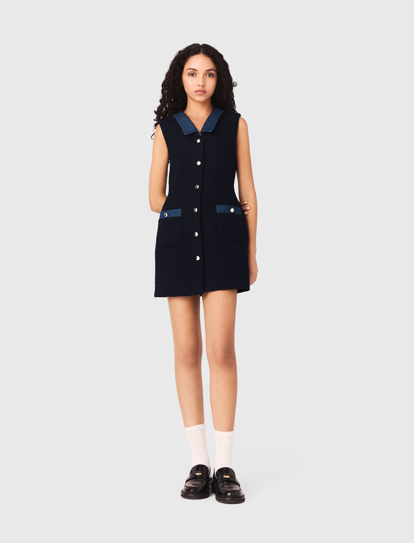 Maje Woman's polyester Tweed dress with denim details for Spring/Summer, in color Navy / Blue