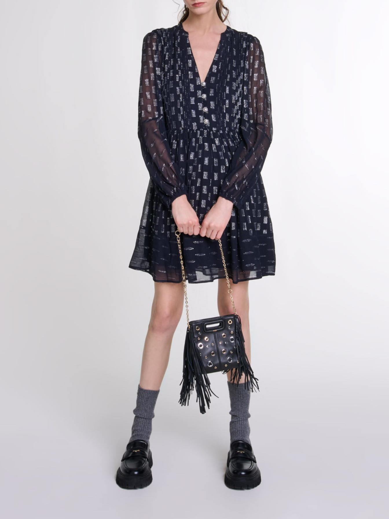 Maje Woman's viscose Pleated floral motif short dress for Fall/Winter, in color Navy / Blue