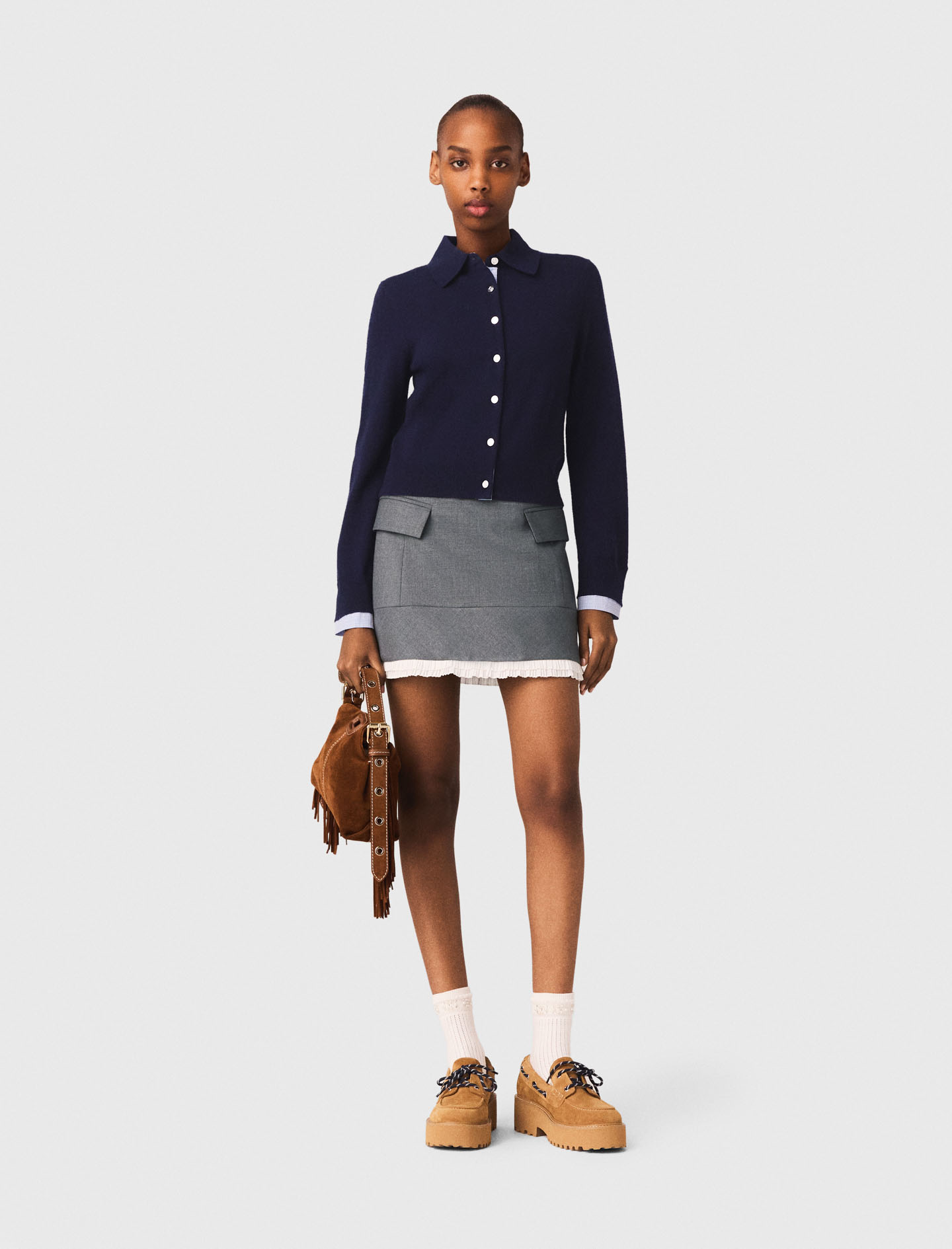 Maje Woman's wool A-line poplin skirt with ruffle for Spring/Summer, in color Grey / Grey