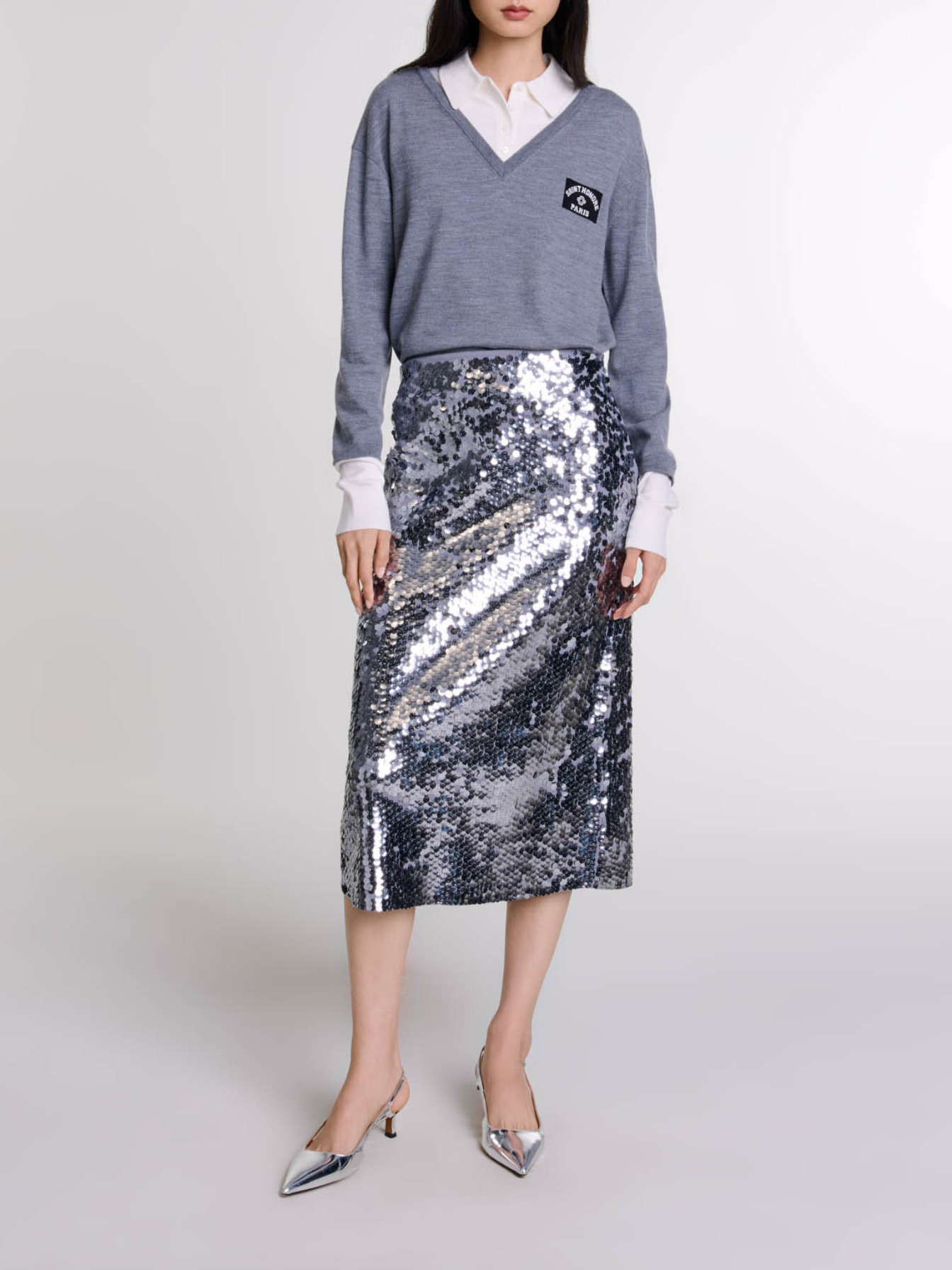 Maje Woman's polyamide Knit skirt with sequins for Fall/Winter, in color Grey / Grey
