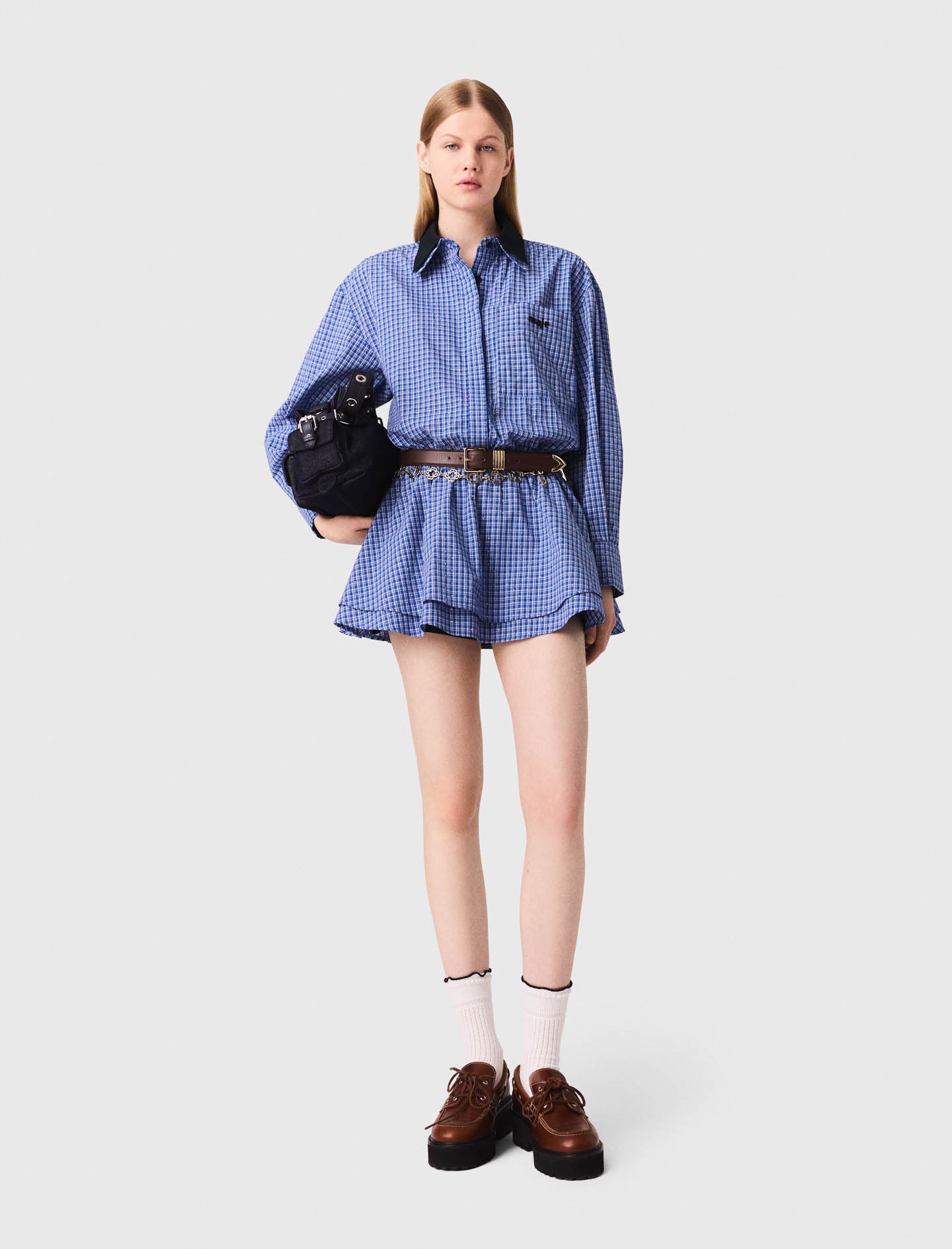 Maje Woman's cotton Jumpsuit with removable collar for Fall/Winter, in color Blue rhinestoned tiles print /