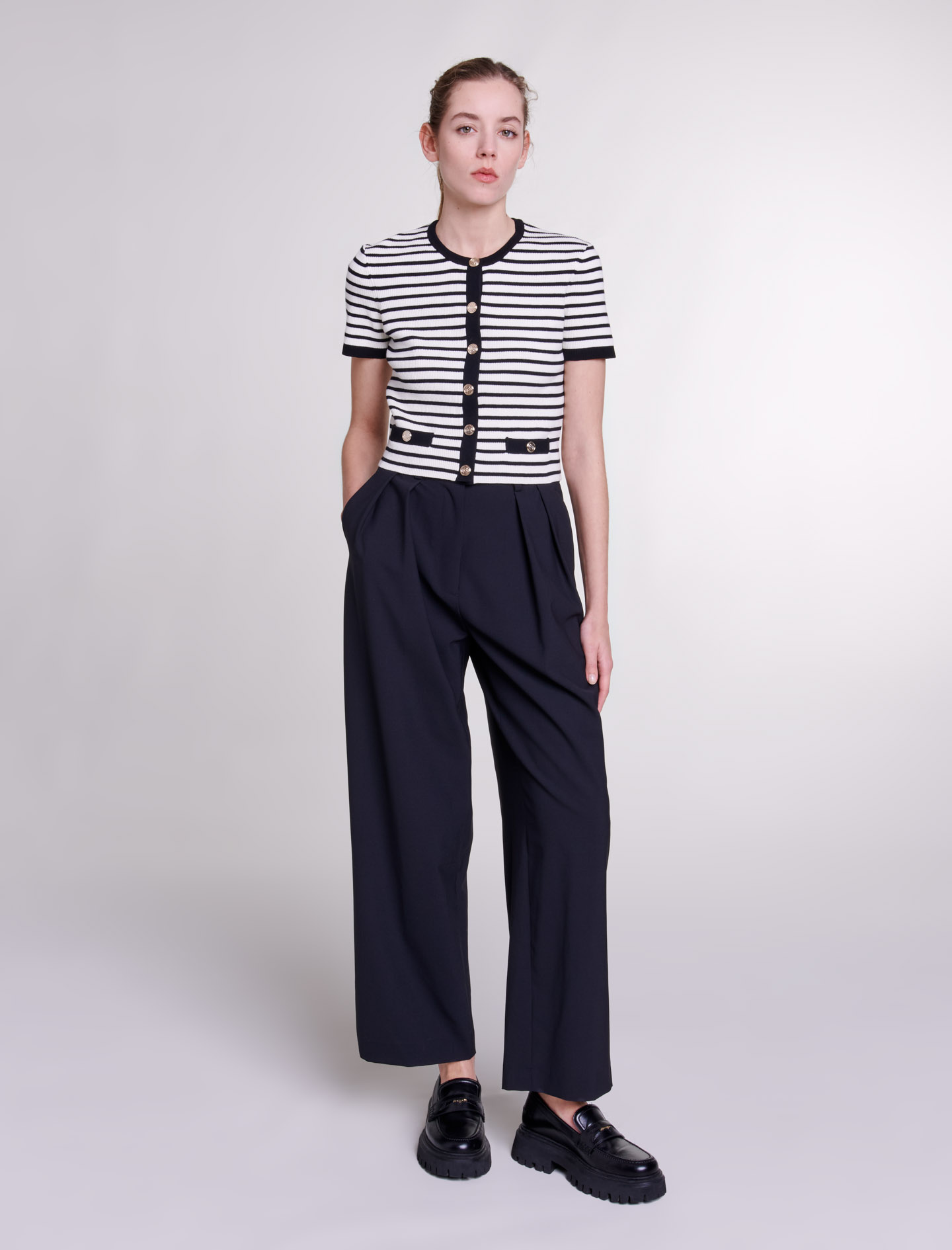 Maje Woman's polyester Wide-leg trousers with belt for Fall/Winter, in color Black / Black
