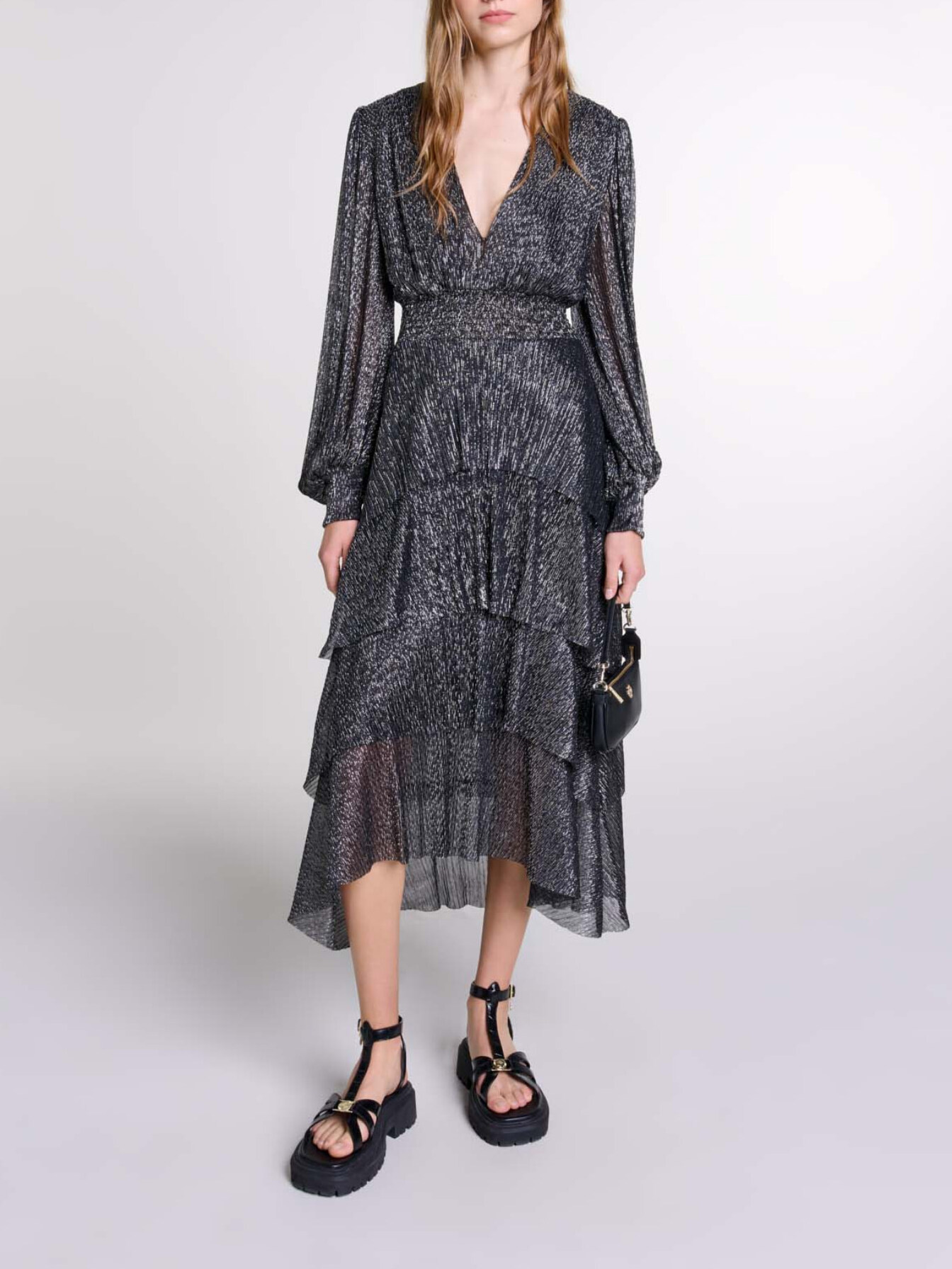 Maje Woman's polyester Ruffled dress for Fall/Winter, in color Black/Glitter /