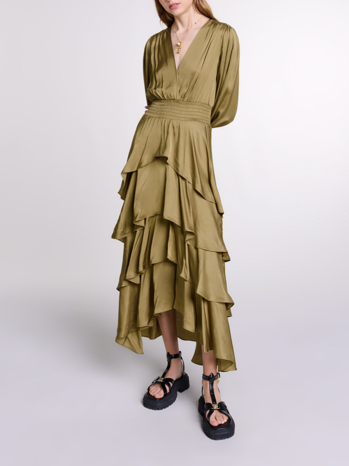 Maje Woman's viscose Tiered maxi dress for Fall/Winter, in color Khaki / Beige