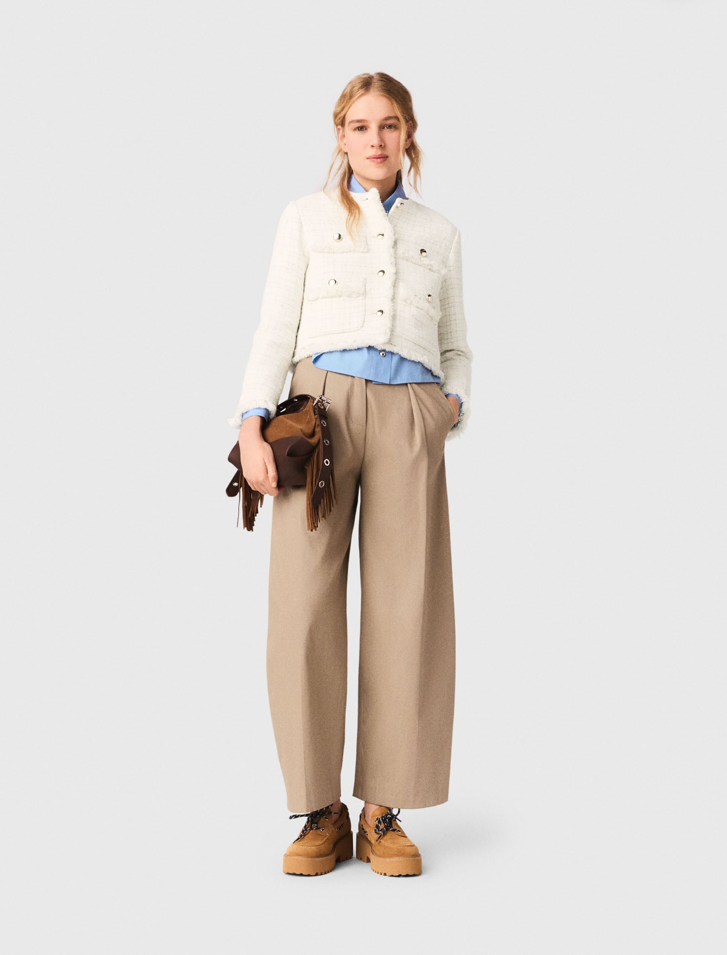 Maje Woman's cotton Cropped tweed jacket for Spring/Summer, in color Ecru / Beige