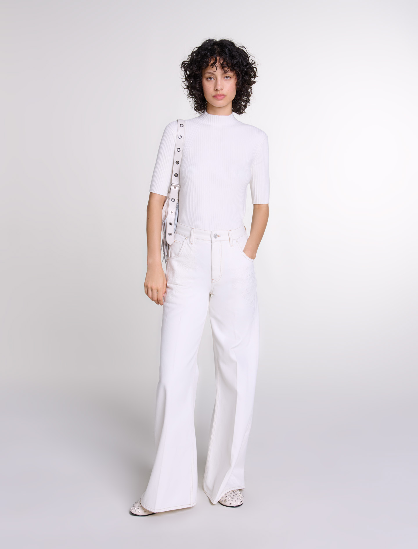 Maje Woman's cotton Embroidered high-waisted jeans for Fall/Winter, in color White / White