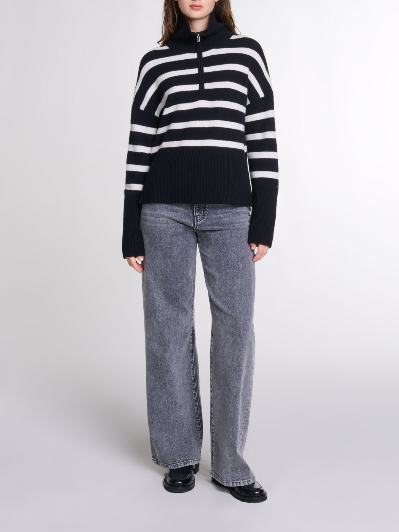 Maje Woman's cashmere Stripe print high-neck jumper for Fall/Winter, in color Black/Ecru /