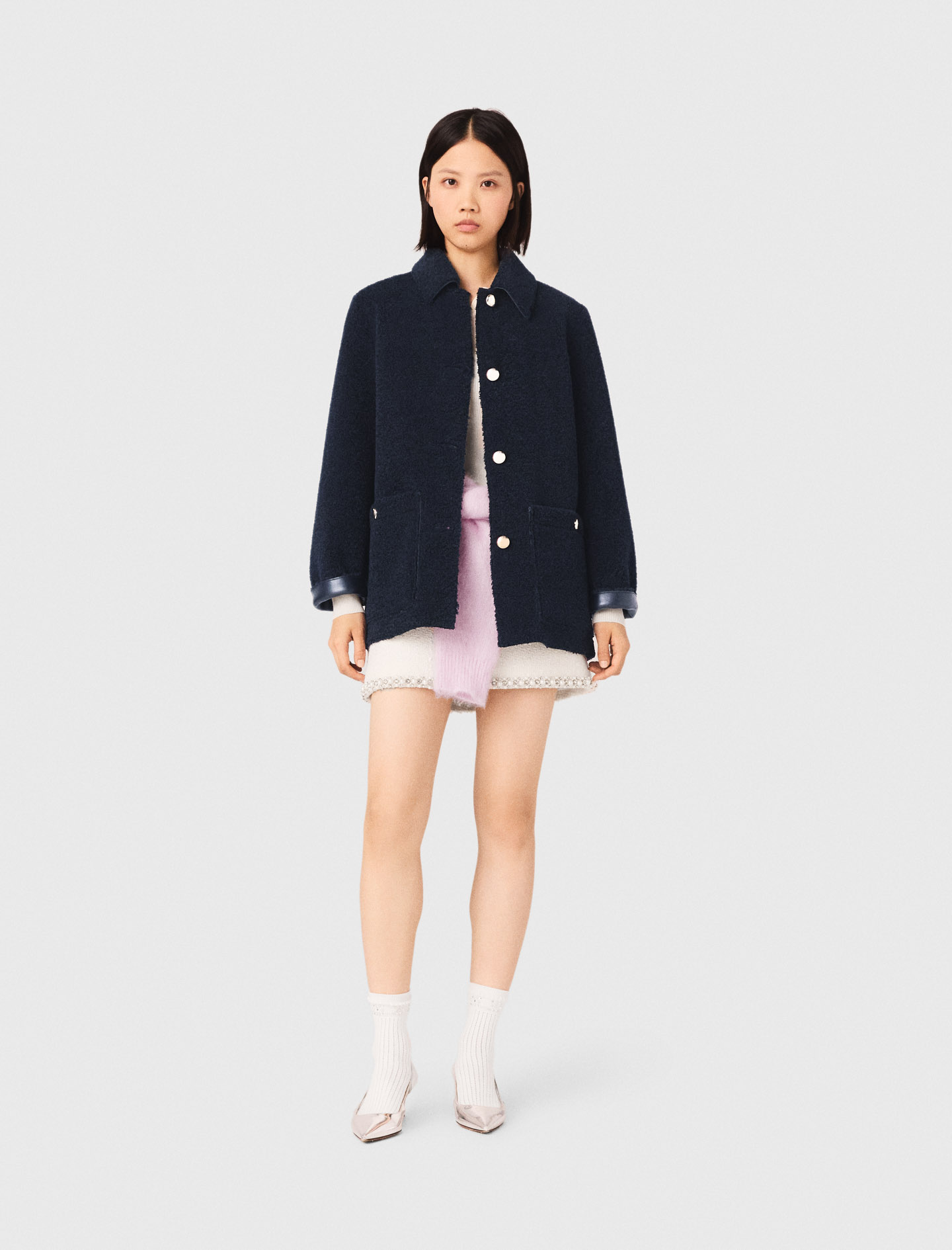 Maje Woman's polyurethane Leather & faux shearling jacket for Spring/Summer, in color Navy / Blue