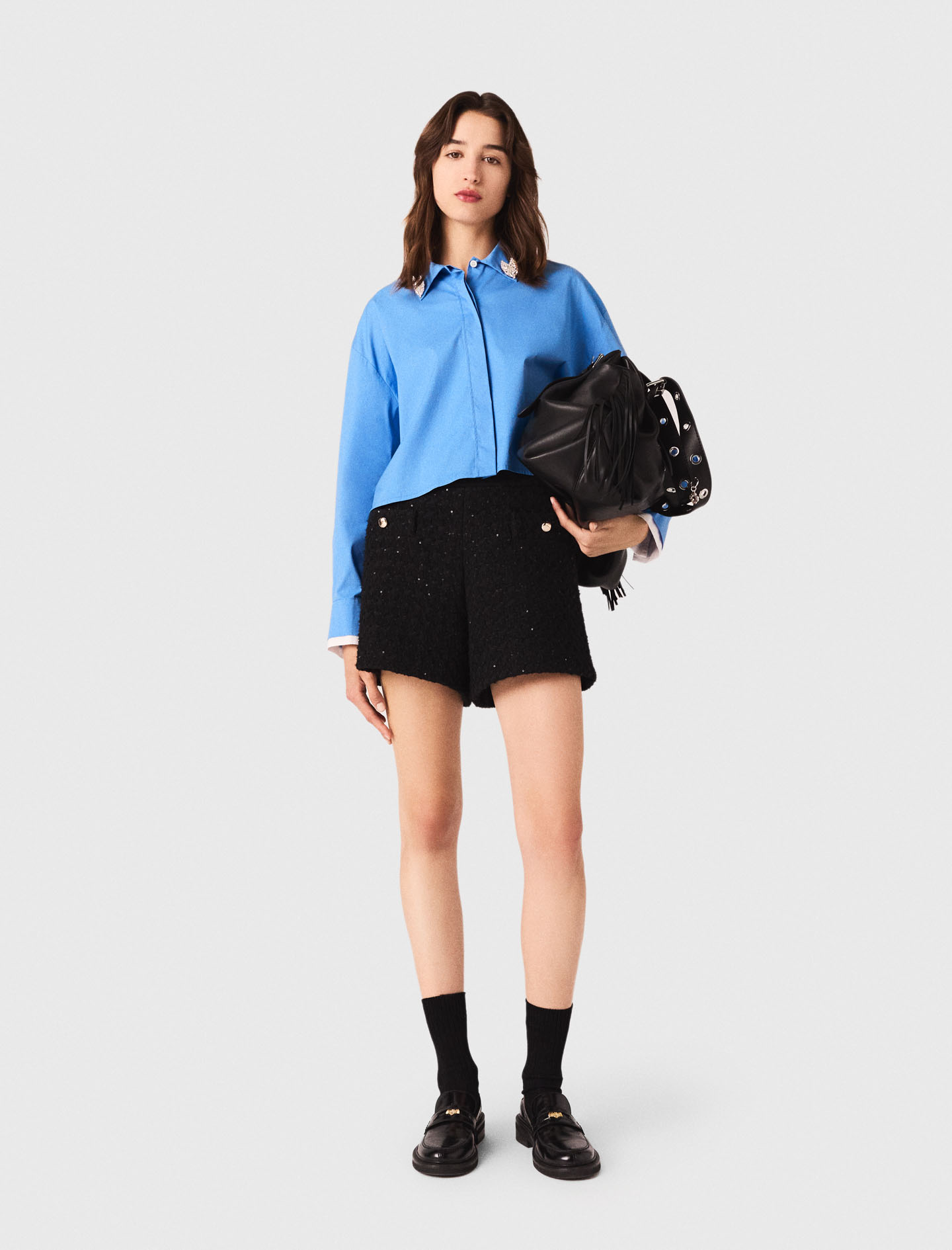 Maje Woman's cotton Rhinestone tweed shorts for Fall/Winter, in color Black / Black