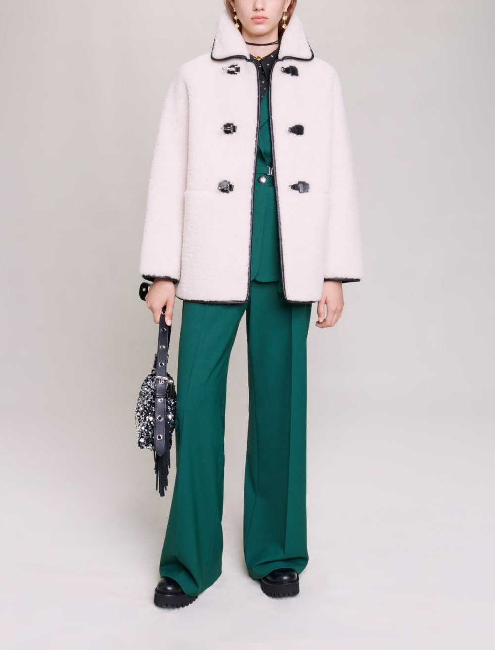 Maje Woman's leather Mid-length shearling coat for Fall/Winter, in color Ecru / Beige